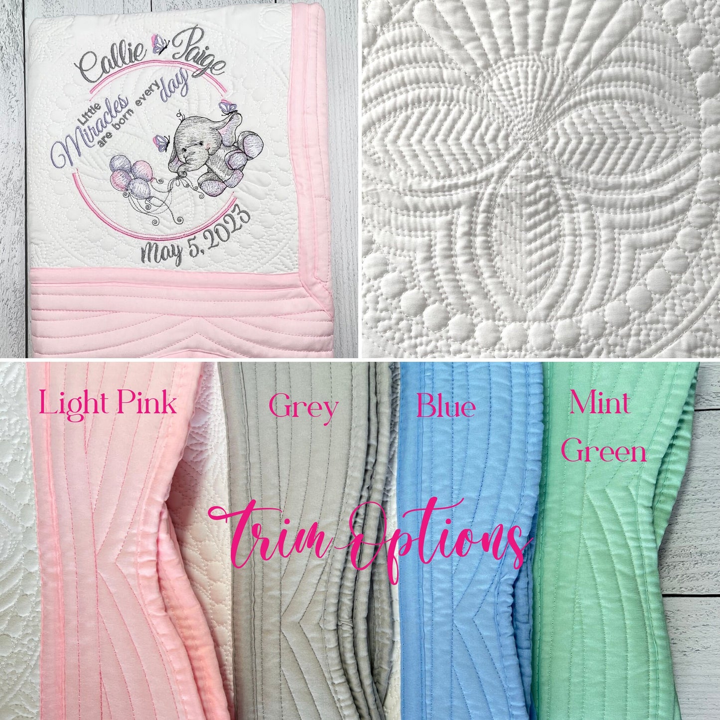 Baby Elephant, Personalized Heirloom Quilt, Custom Baby Blanket, Embroidered Keepsake Blanket, Baby Shower Gift - JJHG Custom Designs