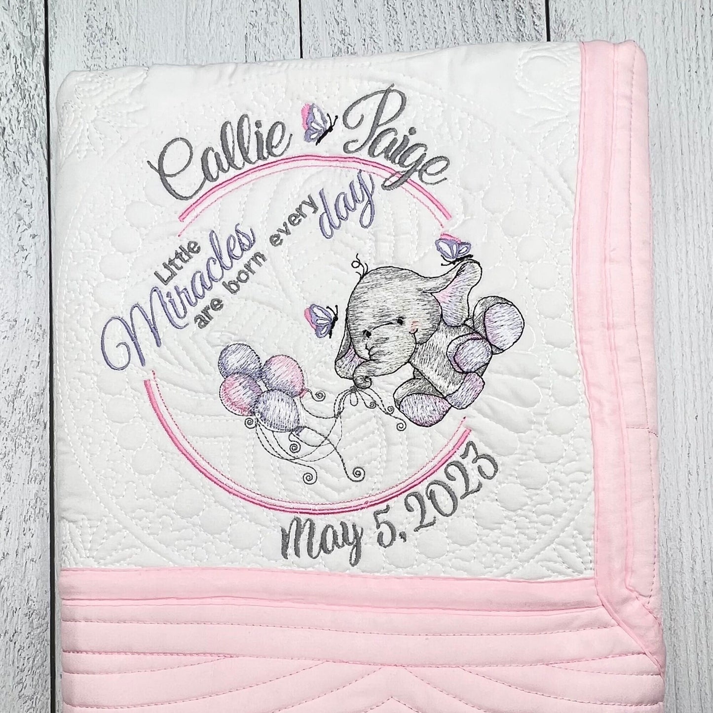 Baby Elephant, Personalized Heirloom Quilt, Custom Baby Blanket, Embroidered Keepsake Blanket, Baby Shower Gift - JJHG Custom Designs