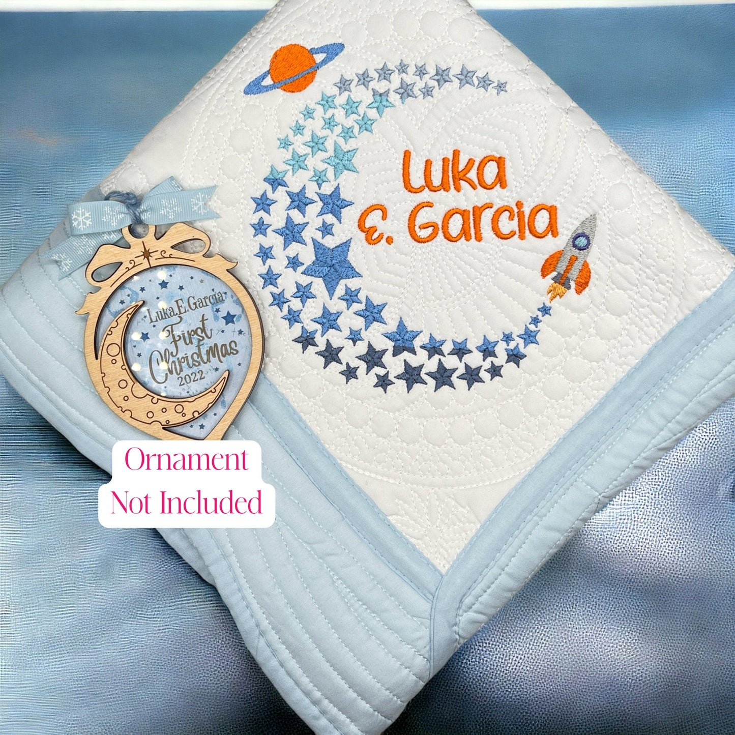 Moon & Stars Personalized Embroidered Heirloom Baby Quilt, Perfect for Gift for Expectant Mothers and Soon-to-be Grandmothers. - JJHG Custom Designs