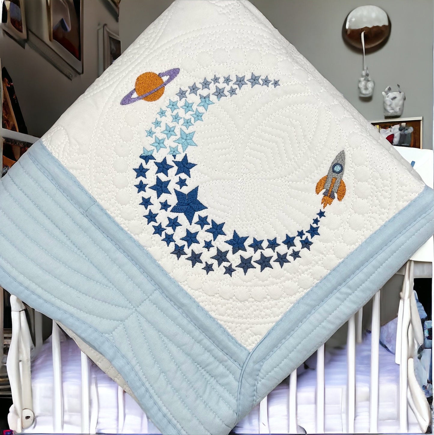 Moon & Stars Personalized Embroidered Heirloom Baby Quilt, Perfect for Gift for Expectant Mothers and Soon-to-be Grandmothers. - JJHG Custom Designs