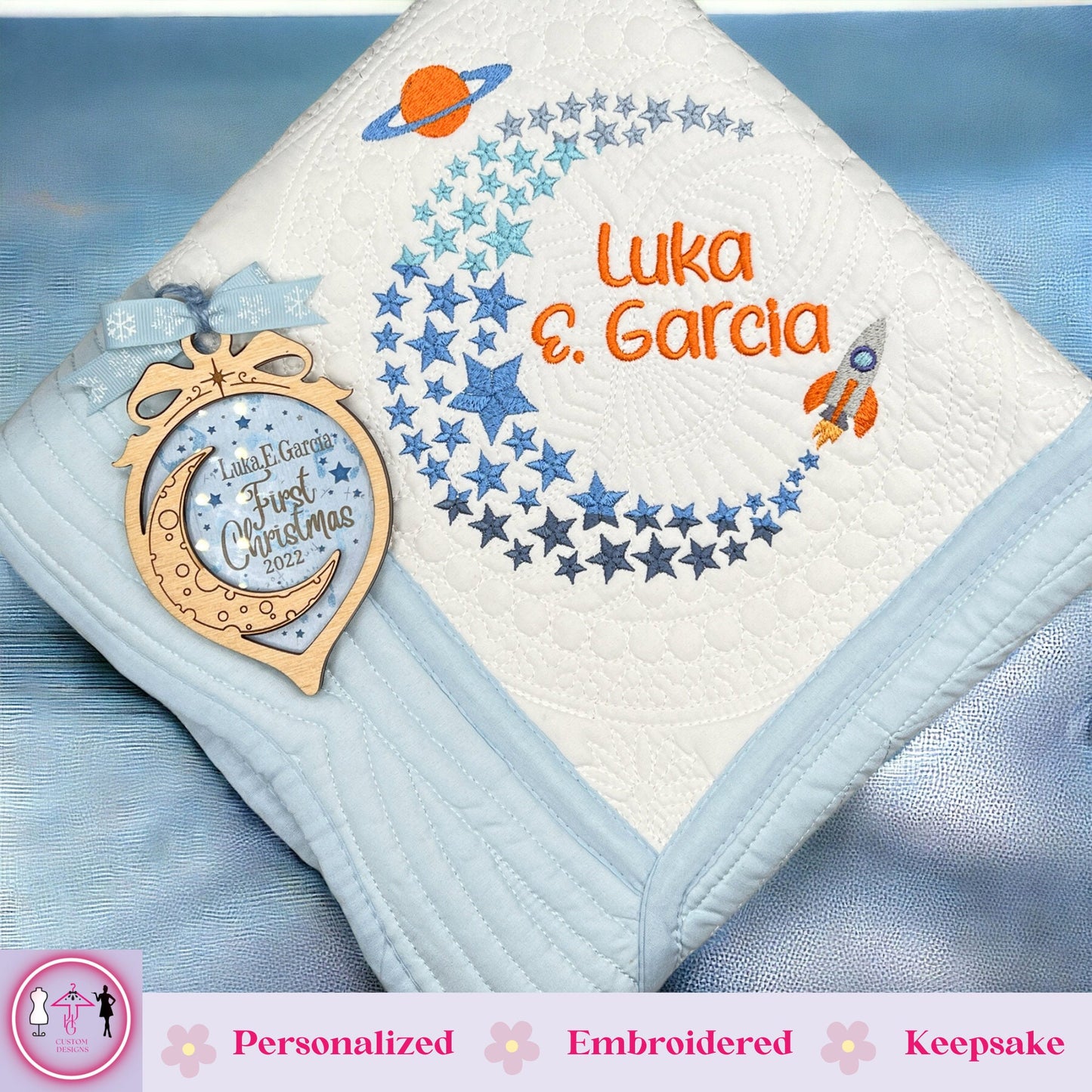 Moon & Stars Personalized Embroidered Heirloom Baby Quilt, Perfect for Gift for Expectant Mothers and Soon-to-be Grandmothers. - JJHG Custom Designs