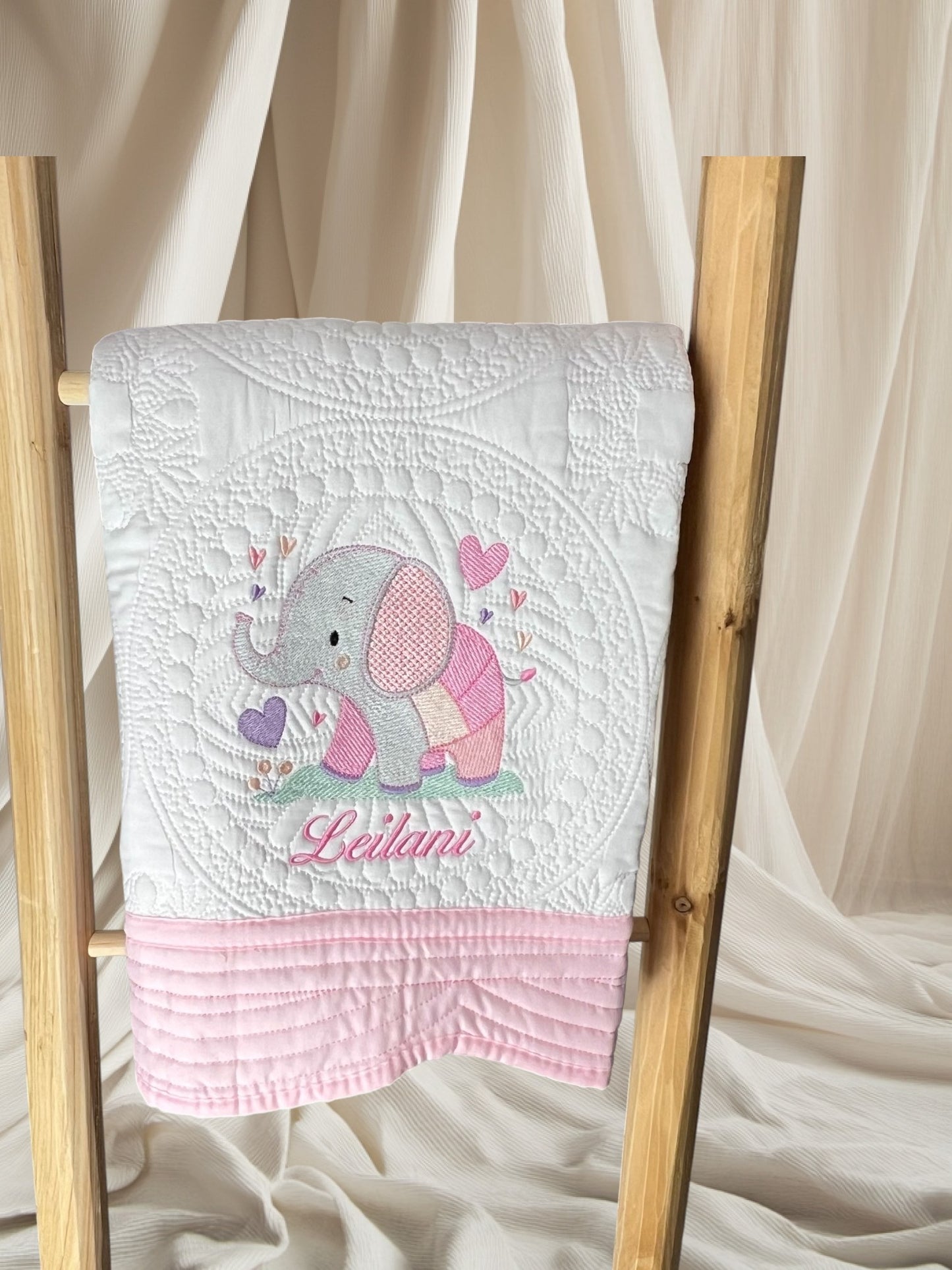 Personalized Elephant Baby Quilt – Embroidered Cotton Blanket with Name