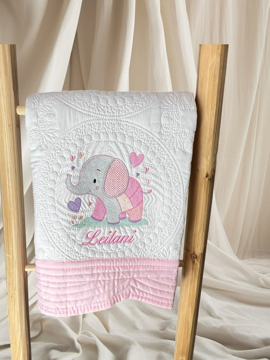 Personalized Elephant Baby Quilt – Embroidered Cotton Blanket with Name