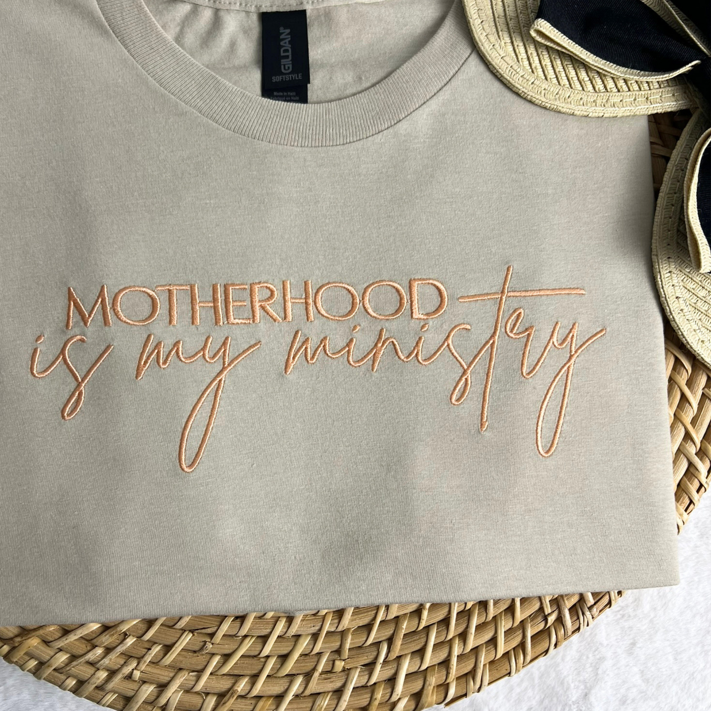 Motherhood Is My Ministry Embroidered Tee – Faith-Based Shirt for Moms