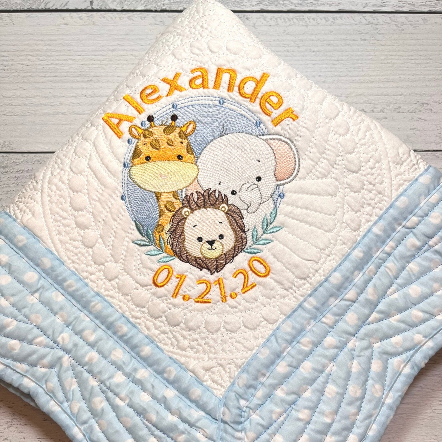 Safari Animals-Personalized Embroidered Heirloom Baby Quilt,Cozy Nursery Decor - JJHG Custom Designs