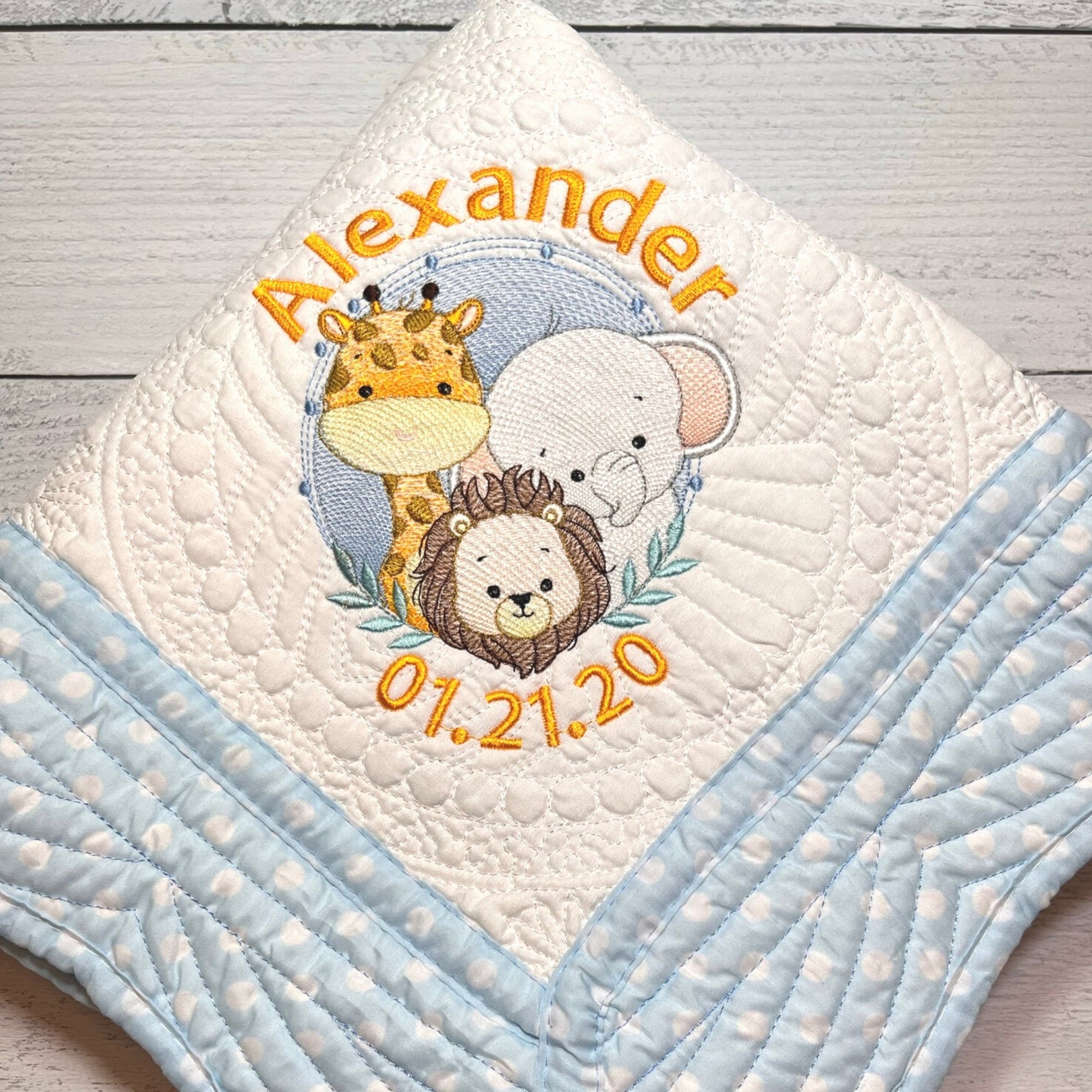 Safari Animals-Personalized Embroidered Heirloom Baby Quilt,Cozy Nursery Decor - JJHG Custom Designs