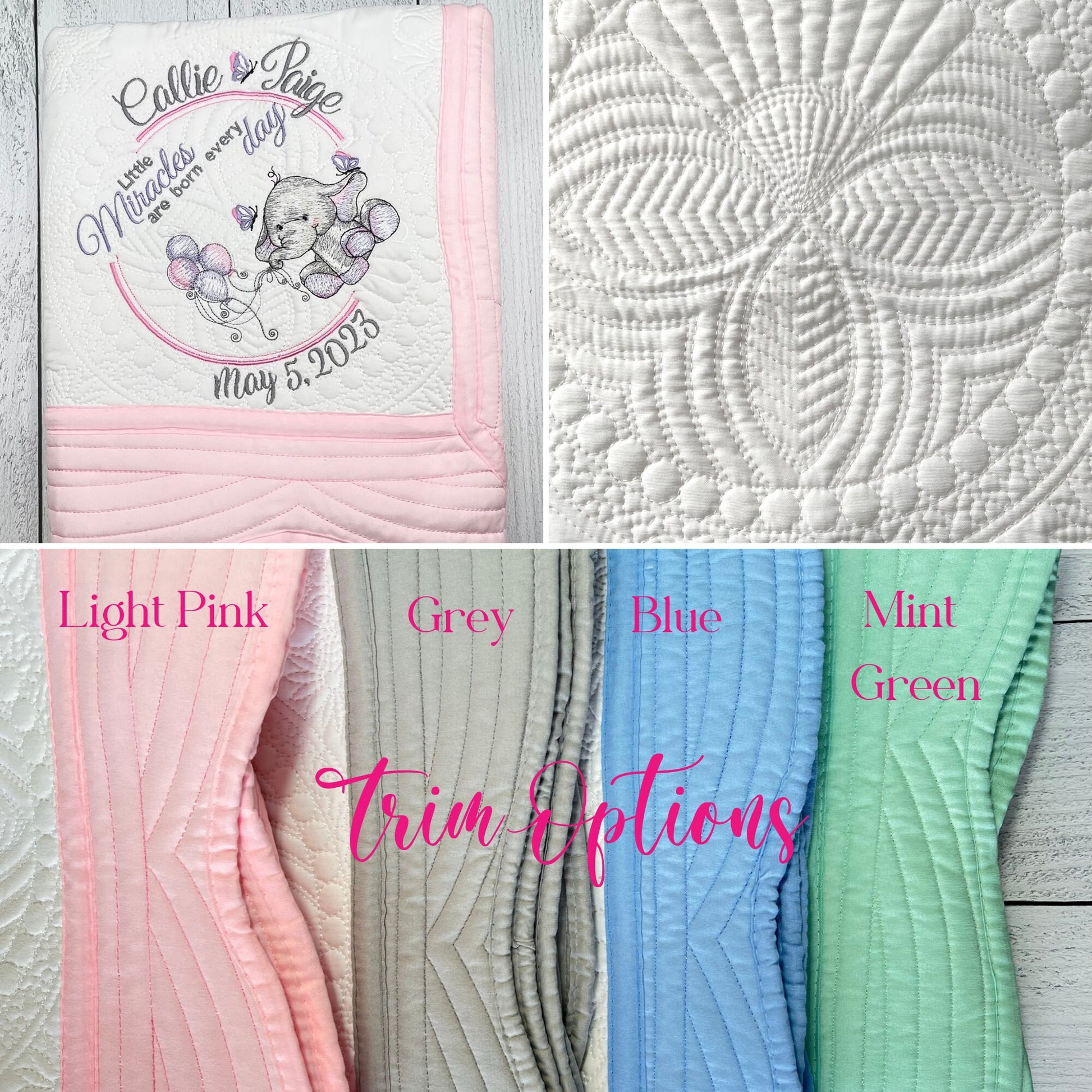 Baby Elephant, Personalized Heirloom Quilt, Custom Baby Blanket, Embroidered Keepsake Blanket, Baby Shower Gift - JJHG Custom Designs