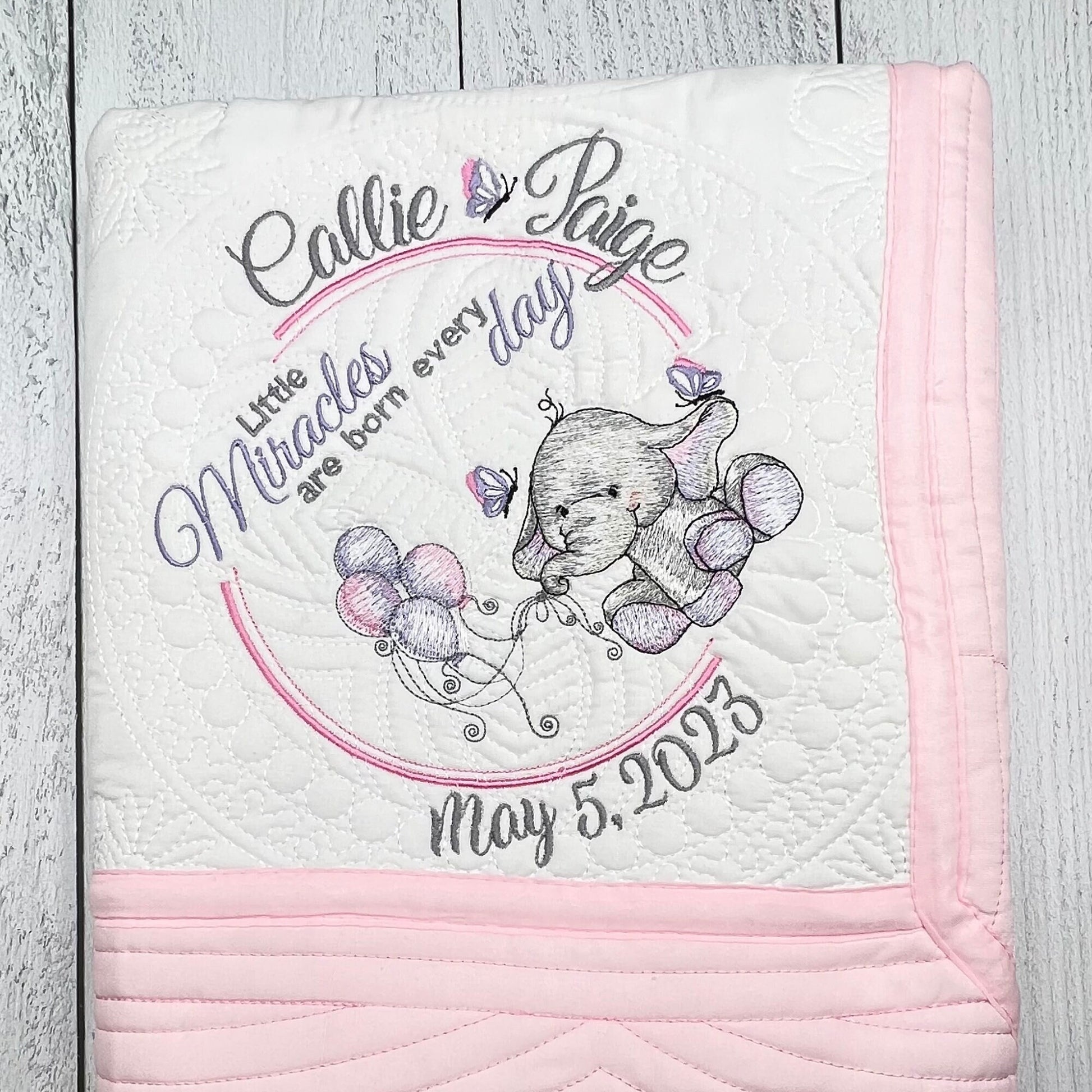 Baby Elephant, Personalized Heirloom Quilt, Custom Baby Blanket, Embroidered Keepsake Blanket, Baby Shower Gift - JJHG Custom Designs