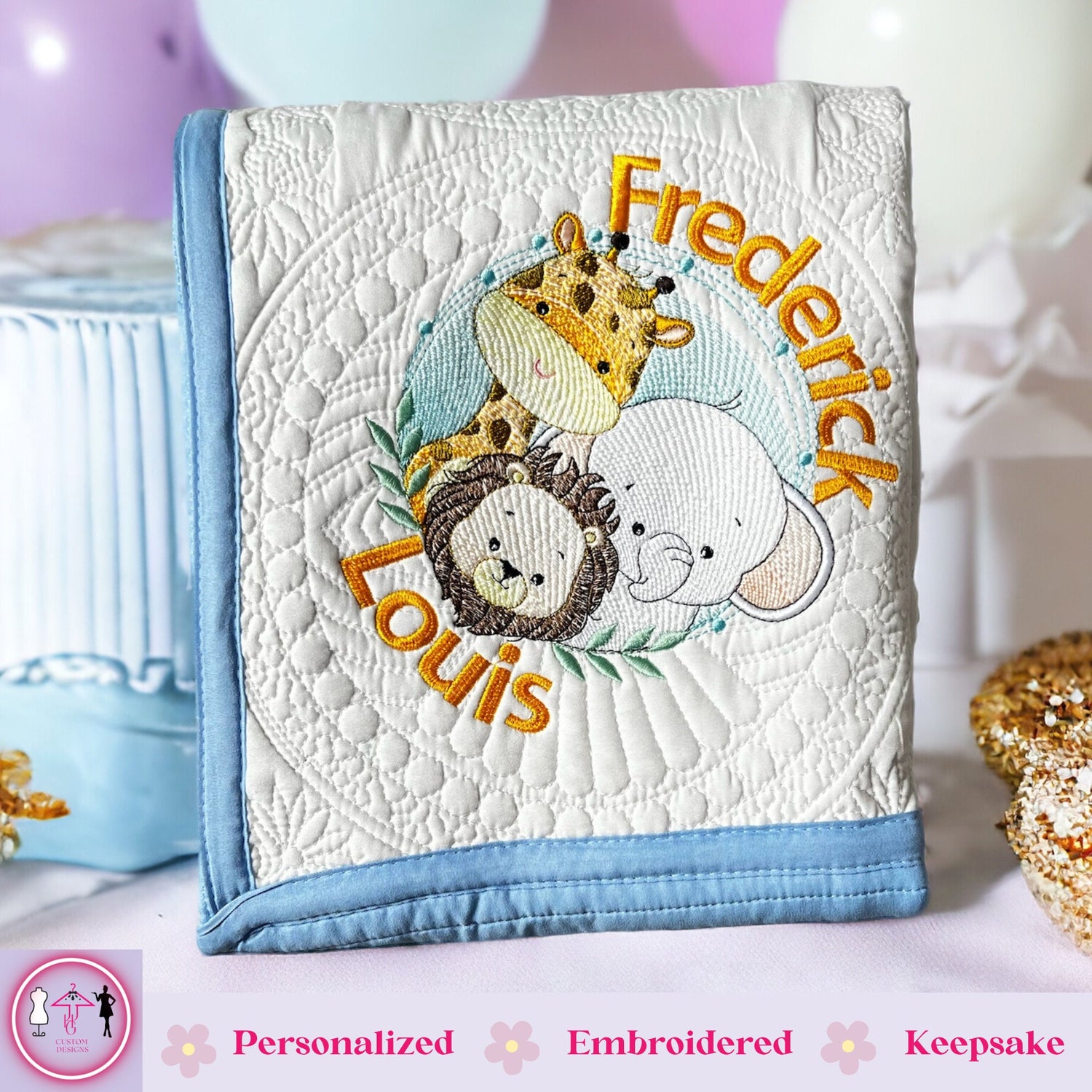 Safari Animals-Personalized Embroidered Heirloom Baby Quilt,Cozy Nursery Decor - JJHG Custom Designs