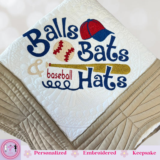 Custom Baseball Baby Quilt | Personalized Sports Theme Blanket | Embroidered Balls, Bats & Hats Design | Perfect Newborn Gift for Boys - JJHG Custom Designs